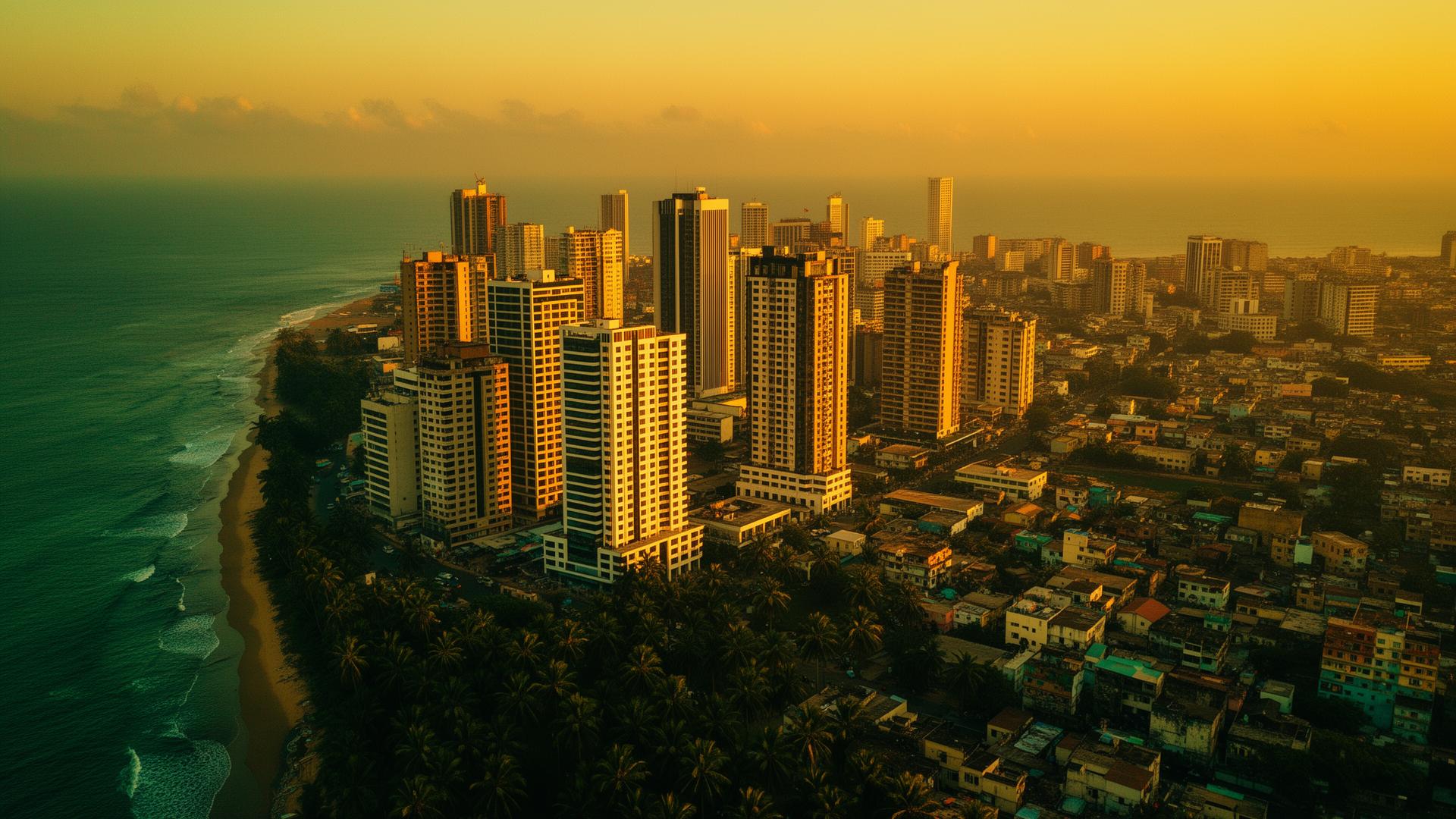 Aerial view of Accra, Ghana skyline at golden hour